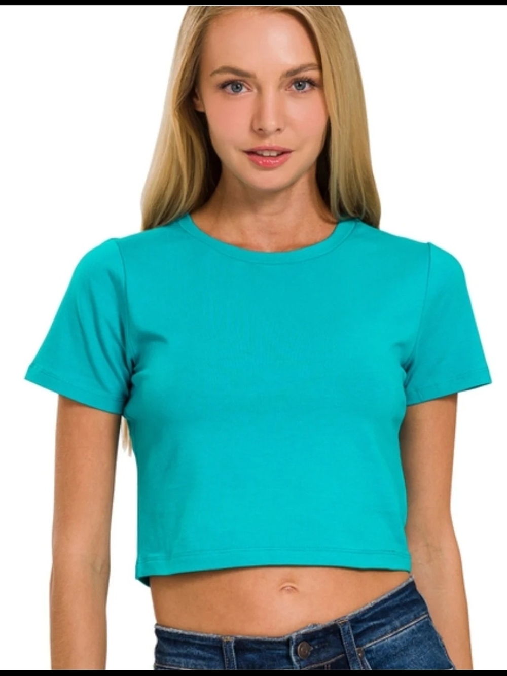 Zenana Outfitters Teal Crop Crewneck Tee